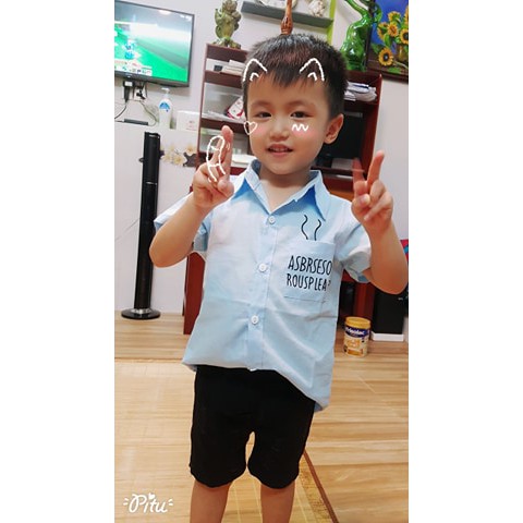 Áo Sơ Mi Cộc Tay Trắng Xanh Xuất Dư Size Đại Cho Bé Trai Bé Gái MINI KIDS SM04