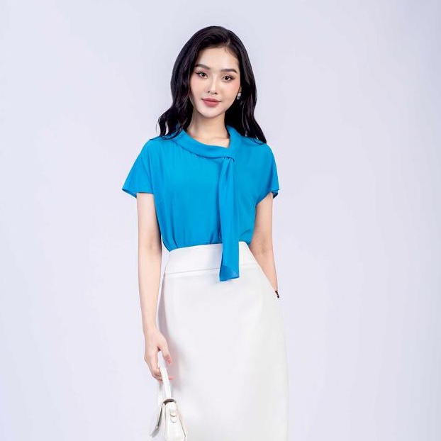 Áo sơ mi tay hến, cổ lệch buộc nơ MMOutfit M-AO071021222
