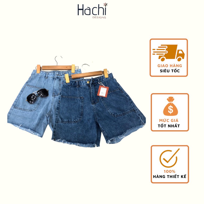 Quần short jeans nữ túi vuông, short jeans cạp cao 2 màu  siêu xinh hàng cao cấp Hachidesigns