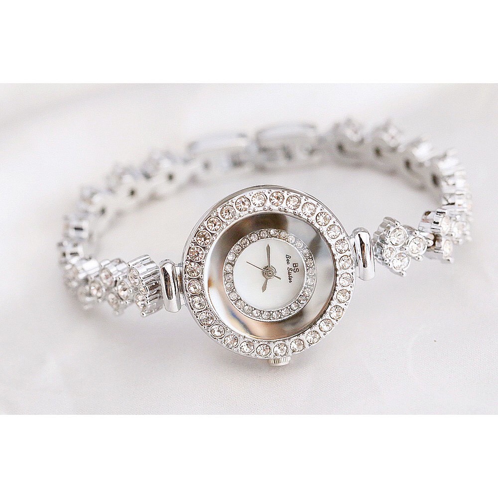 Đồng hồ nữ BEE SISTER BS24 mặt tròn viền đá sáng trọng, dây thép dạng lắc không gỉ
