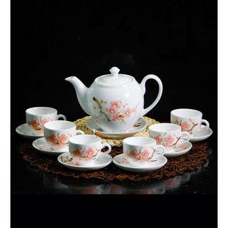 Bộ tách trà gốm sứ Hoa Trà Bát Tràng Vẽ Đào Đón Tết Nguyên Đán 2019 , Quà Tân Niên Ý Nghĩa, ấm chén bát tràng chính hãng