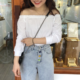 ÁO TRỄ VAI THUN GIẤY DÀI TAY TRẮNG ĐEN BASIC - (Sp sẵn)