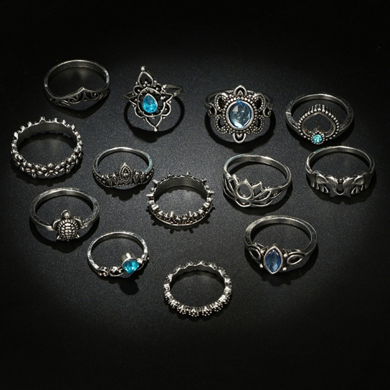 Bộ 13 nhẫn hình vương miện đính đá phong cách Boho cho nữ