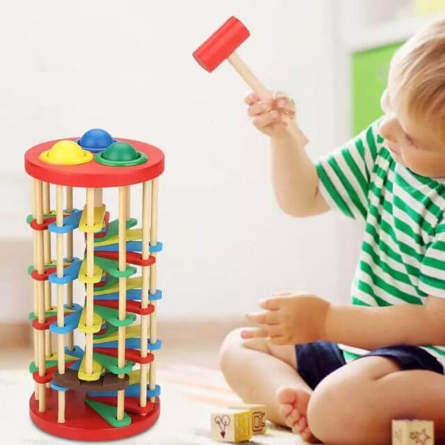 Đồ Chơi Gỗ Montessori, Đồ Chơi Đập Bóng Lốc Xoáy Cầu Thang Cho Bé