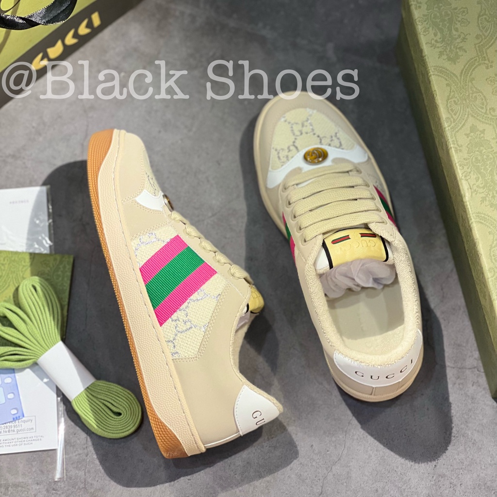 Giày Thể Thao Gucci Screener Leather Sneakers Phối Màu Hồng Xanh Lá GG Beige Pink Green Cao Cấp White Lamé'2C830-9150