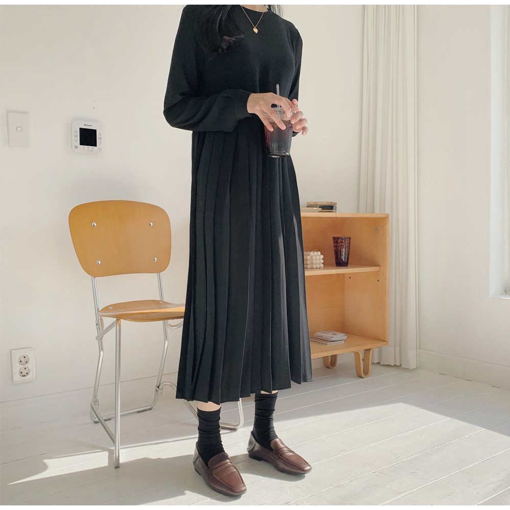 Đầm midi màu trơn cổ tròn dài tay dễ thương 32352 | BigBuy360 - bigbuy360.vn