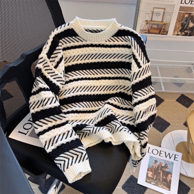 Áo Len Họa Tiết Kẻ Sọc Màu Sắc Tương Phản Phong Cách Hàn Quốc Thời Trang Thu Đông Cho Nữ