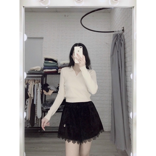Áo Croptop Len Tăm Cổ Polo Dài Tay chất liệu dệt kim cao cấp LT110