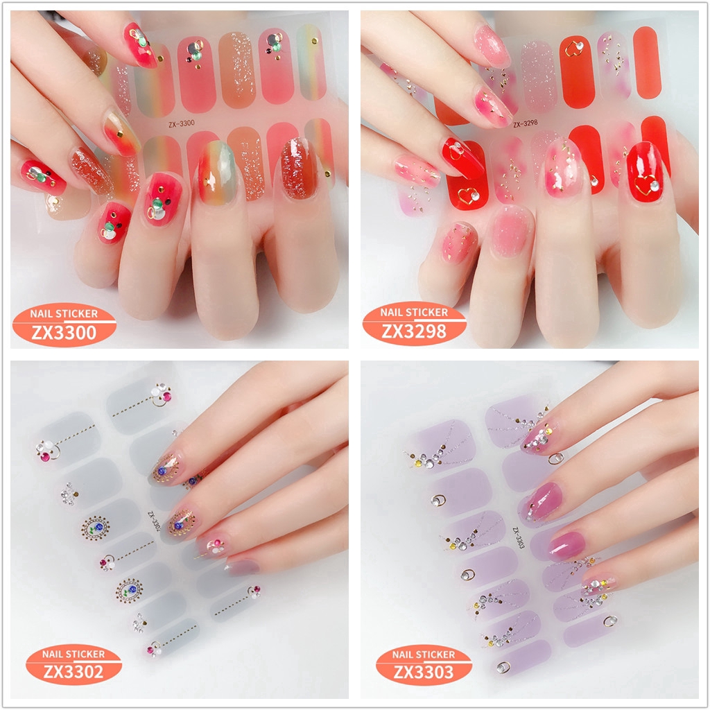 [Hàng mới về] MIếng dán trang trí móng tay in hình laser gradient 3D phối kim cương ngọc trai đá quý ZX3295-3312 DIY