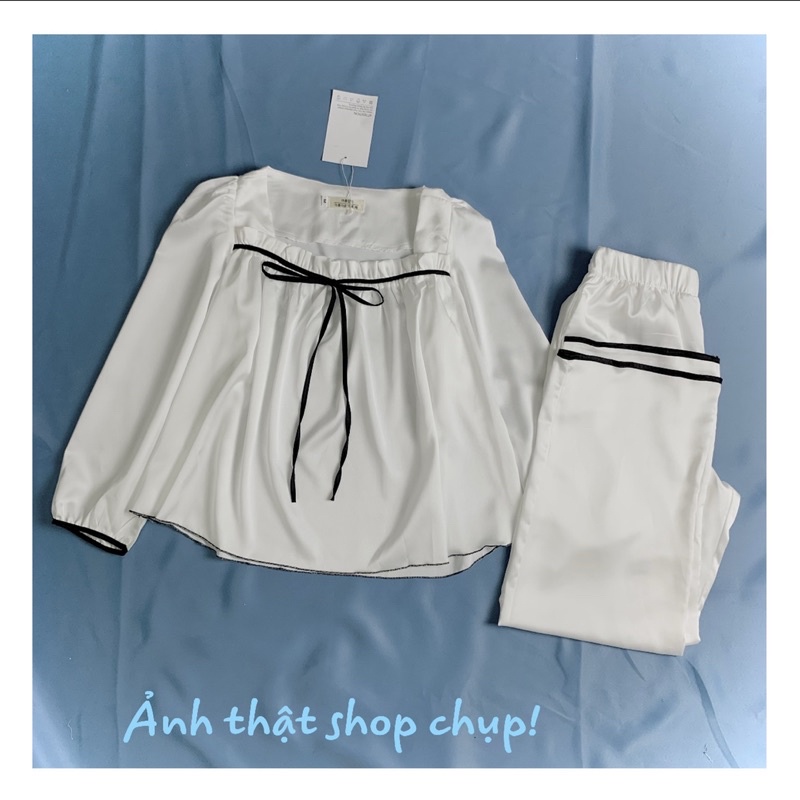 Bộ Ngủ Dài T97 bộ mặc nhà chất Lụa Satin phối viền đen phong cách Hàn Quốc | BigBuy360 - bigbuy360.vn