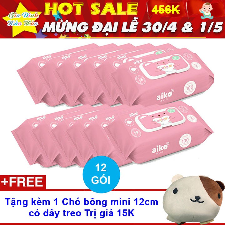 COMBO 12 GÓI KHĂN ƯỚT EM BÉ AIKO KHÔNG MÙI - MÀU HỒNG x GÓI 100 MIẾNG - TẶNG CHÓ BÔNG MINI 12CM