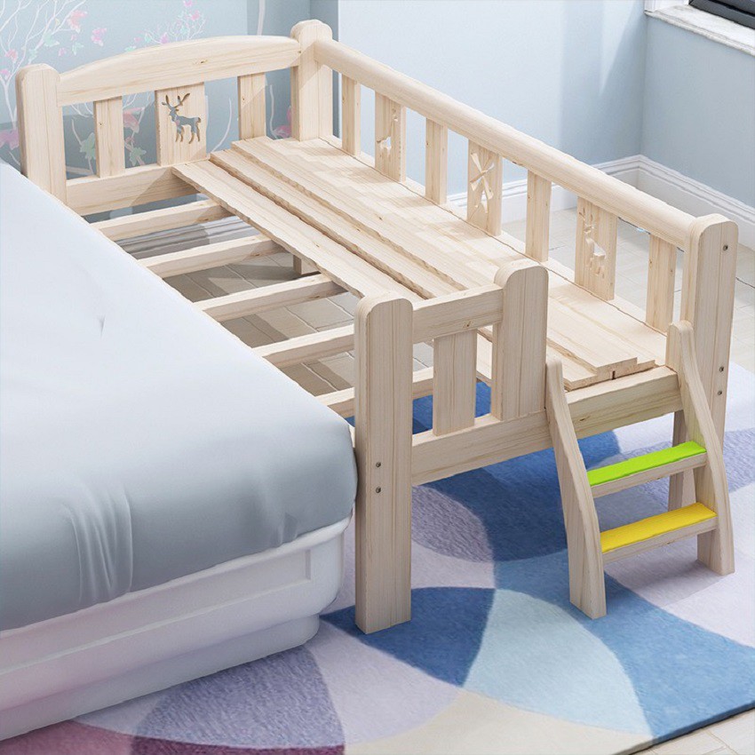 Giường Ngủ Cho Bé Ghép Cạnh Giường Bố Mẹ Quây 3 Mặt, Có Thanh Chắn Giường Size 200*100*40cm, Gỗ Thông Tự Nhiên, Cho Trẻ