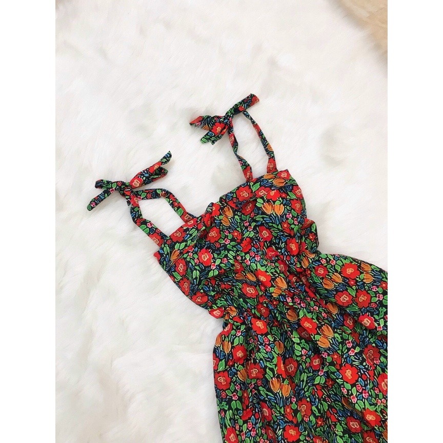 Đầm họa tiết phối hoa 2 dây buộc nơ có chun eo vải thoáng mát cho các tình yêu đi dạo phố