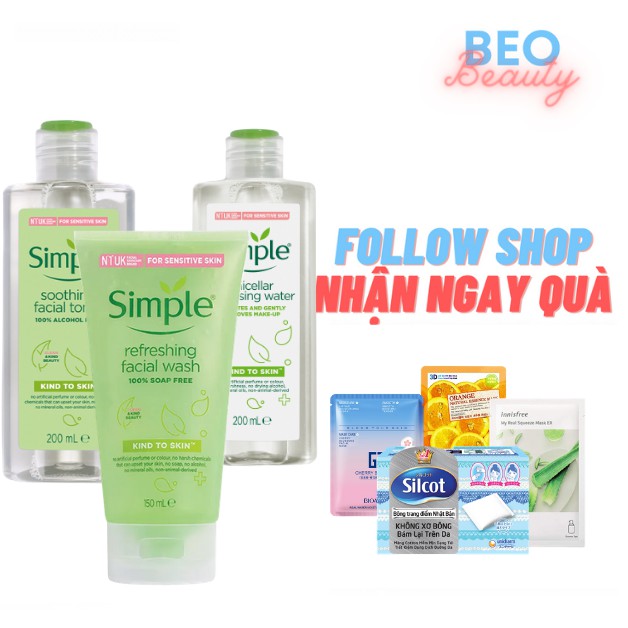 [Trọn bộ Routine] Combo tẩy trang, sữa rửa mặt, toner Simple Kind To Skin an toàn và dịu nhẹ cho da dầu mụn