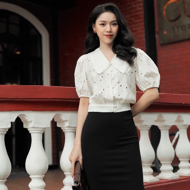 Áo Sơ Mi Công Sở Nữ HeraDG Thiết Kế Tay Bồng Kèm Cổ V Thêu Hoa Lá Tinh Tế, Chất Vải Thô Cao Cấp SAKBA038