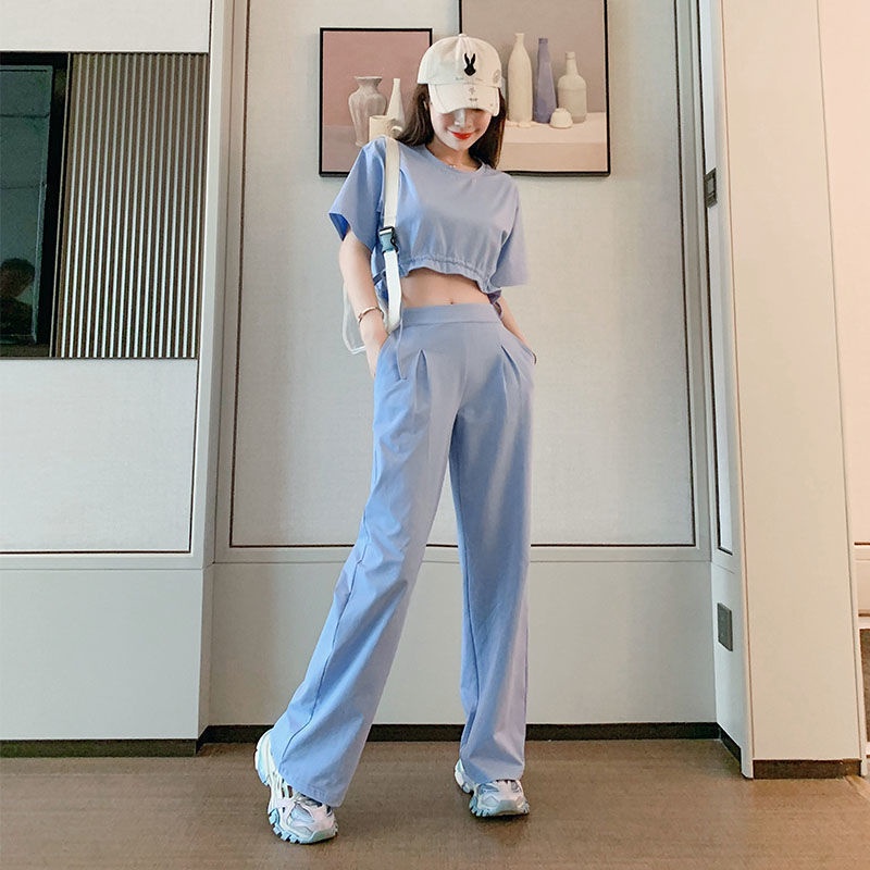 Set Áo Thun Tay Ngắn + Quần Dài Lưng Cao Thời Trang Hè 2022 Cá Tính Cho Nữ