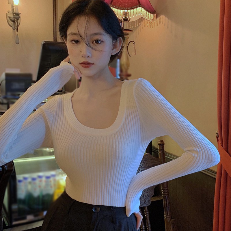 Women's U-Neck Solid Color Slim Casual Long Sleeve Knitted Tops