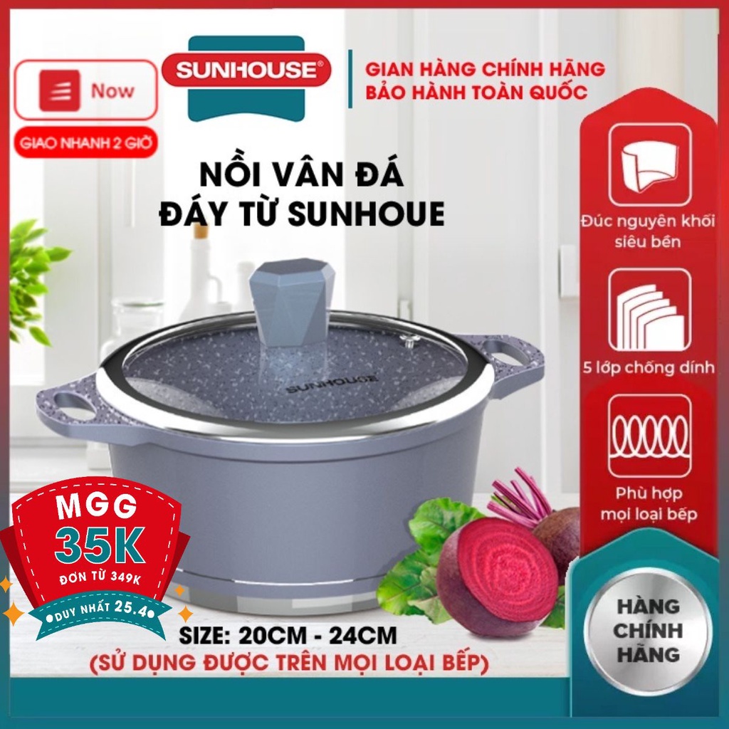 Nồi vân đá đáy từ 5 lớp chống dính SUNHOUSE SHG2020MMA-SHG2024MMA kích thước 20 24 CM đúc nguyên khối siêu bền