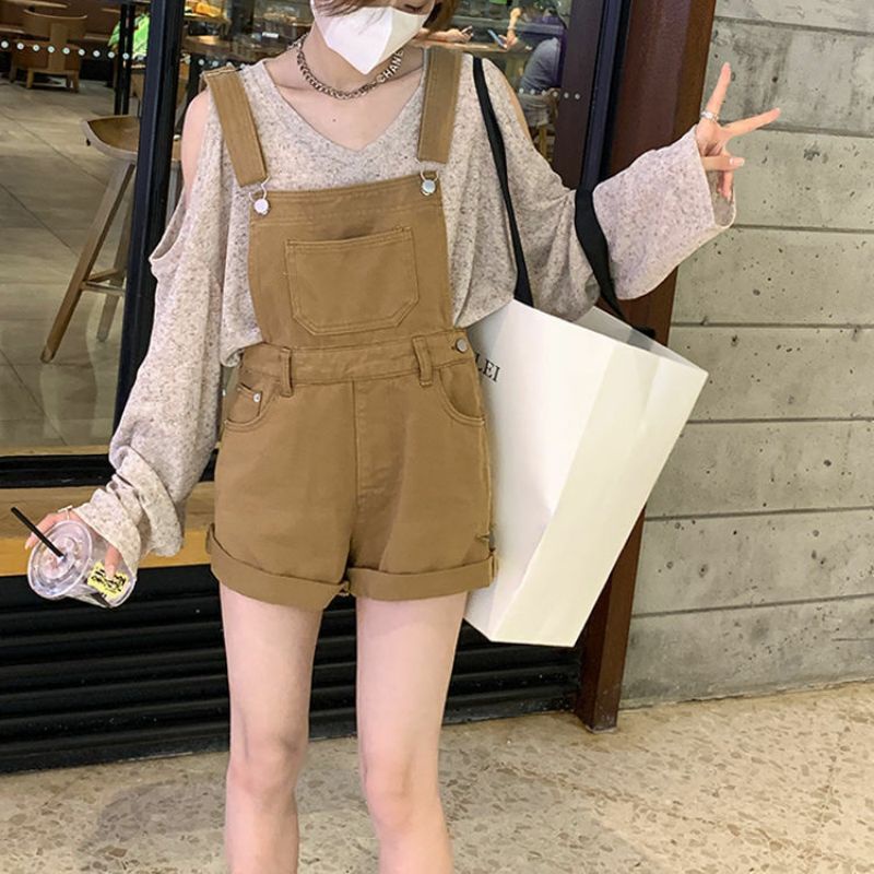 Yếm Đùi Jeans Màu Kaki Có Túi Ngực Phong Cách Hàn Quốc  ❤️
