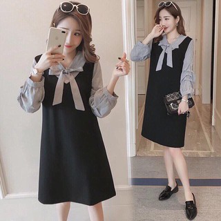 MM1268 Váy( đầm) bầu đen phối tay kẻ và nơ cổ