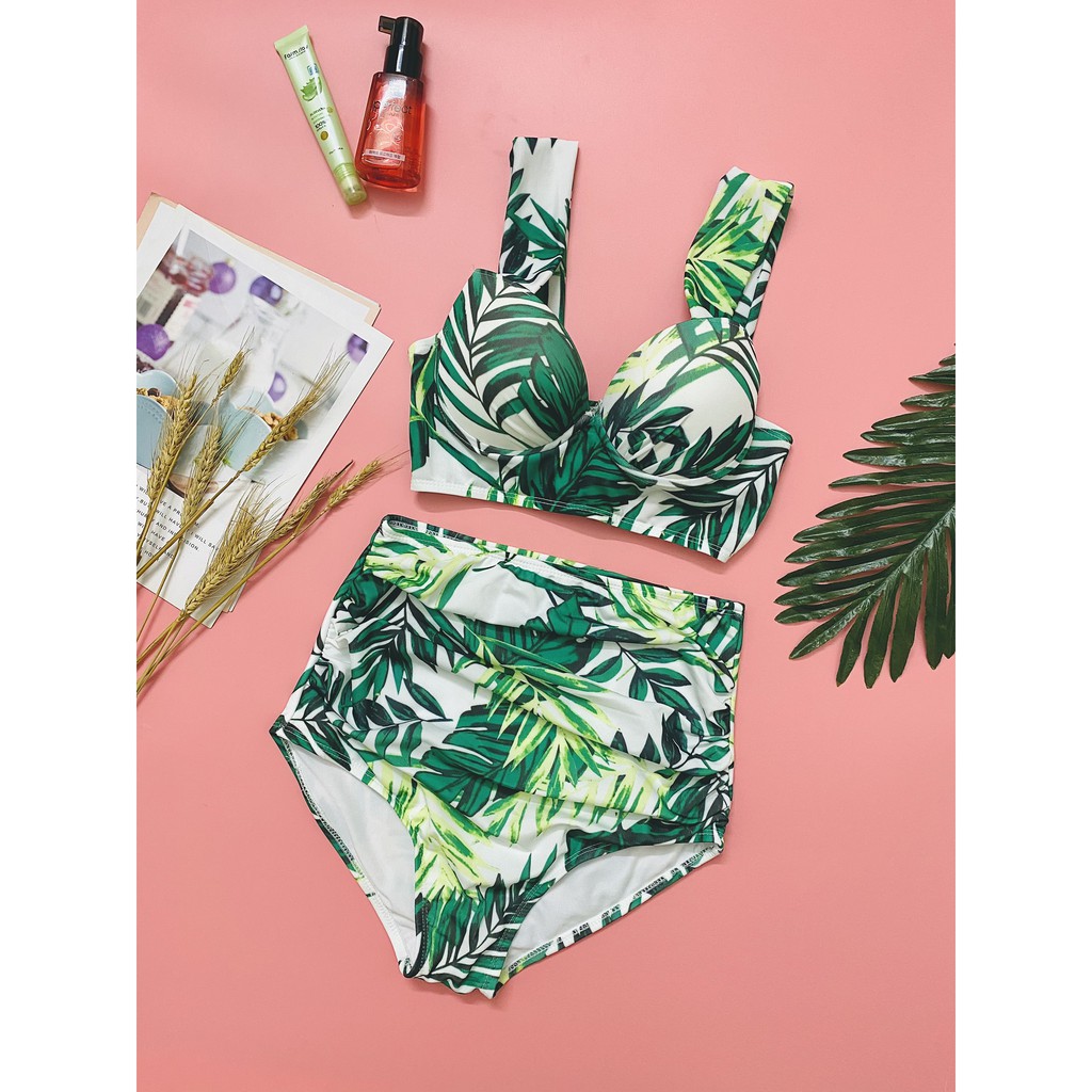 Bikini dài tay🏖️Freeship🏖️xanh lá  quần cạp cao  kín đáo mặc đi biển đi bơi chụp ảnh( Ảnh chụp thật)