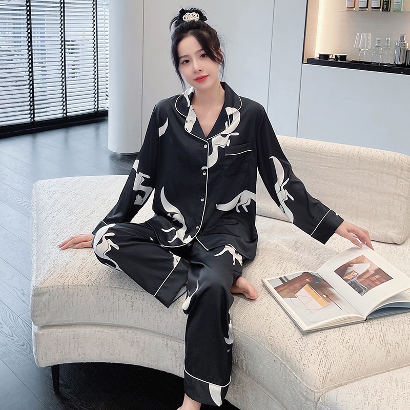 Bộ Đồ Ngủ Dài Tay Bằng Lụa Mát In Họa Tiết Cáo Thời Trang Dành Cho Nữ