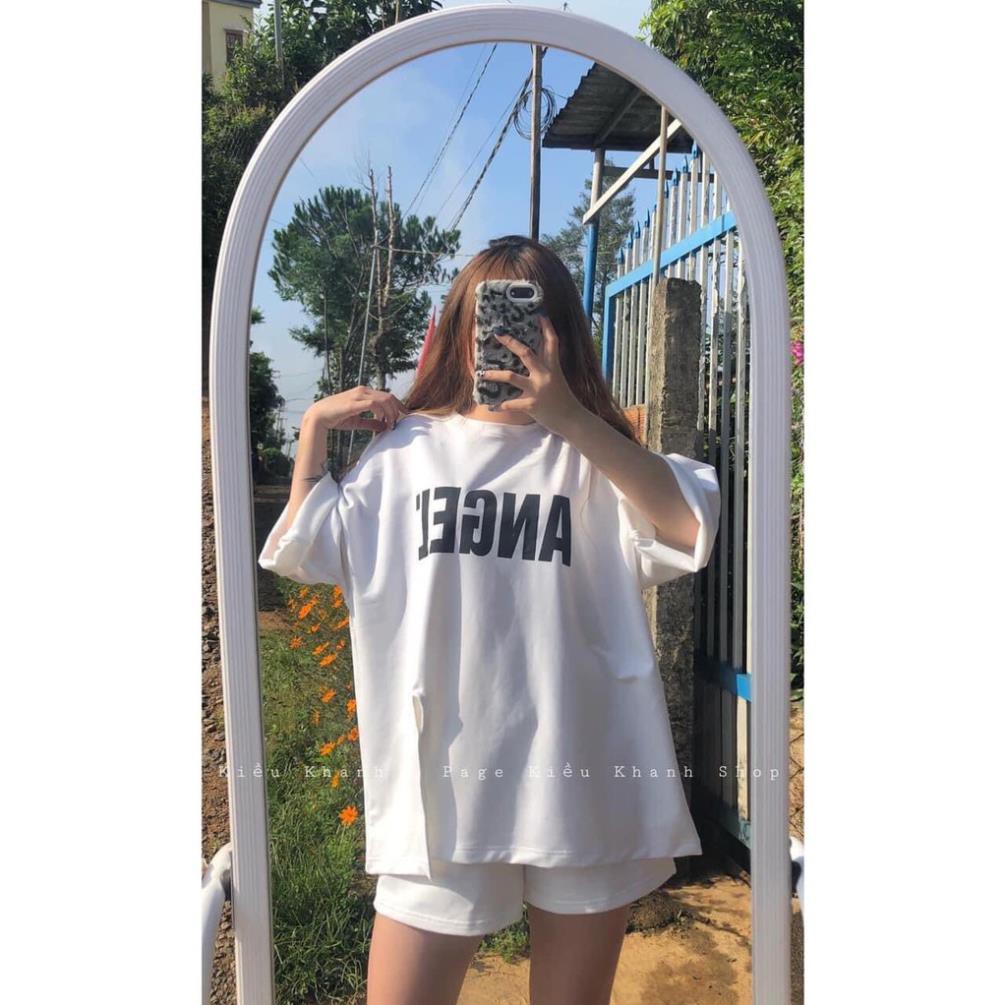 Sét đồ nữ mặc nhà ANGEL áo thun tay lỡ xẻ tà kèm quần short đùi dáng rộng thể thao basic