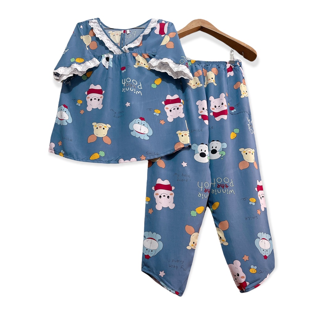 Đồ bộ lanh (tole) mặc nhà nữ SHOP5SAO quần dài áo tay ngắn phối ren (40-70kg)
