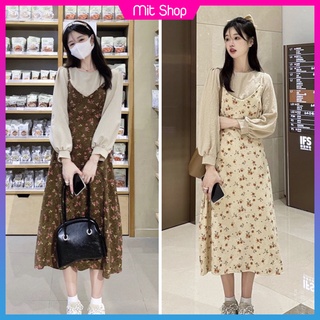 Set đồ nữ 2 món váy yếm hoa nhí Vintage kèm áo sơ mi tay bồng