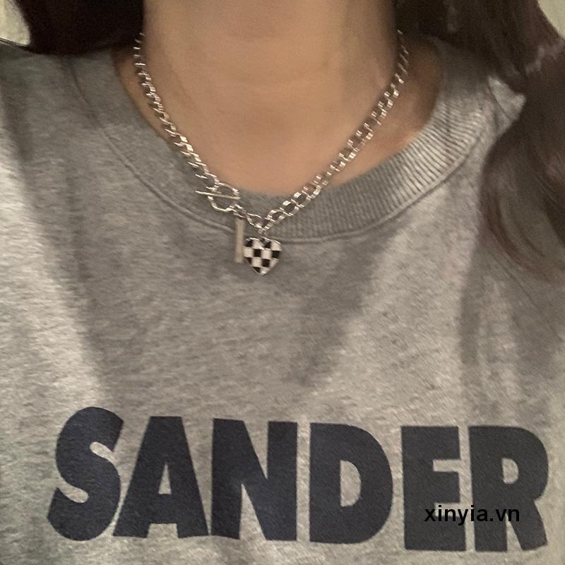 Vòng cổ mặt hình hình trái tim họa tiết caro phong cách Hàn Quốc thời trang cho cặp đôi