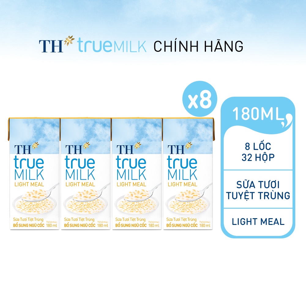 8 Lốc sữa tươi tiệt trùng TH True Milk Light Meal bổ sung ngũ cốc 180ml (180ml x 4 hộp)