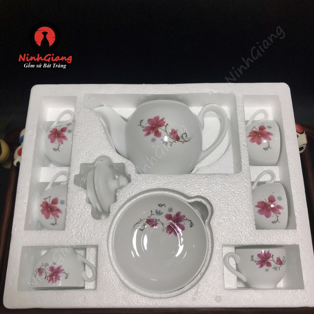 Bộ ấm trà Hoa Lan - Gốm Bát Tràng - Trắng ngọc thanh lịch