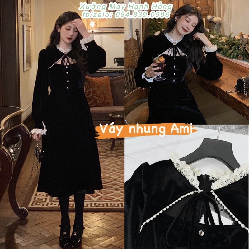 Váy nhung đen cổ tàu phối ren buộc dây Vintage - Xưởng May Hạnh Hồng