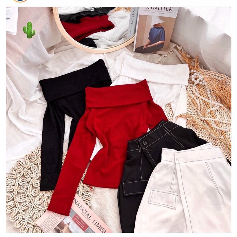set Áo thun gân len lệch vai kèm chân váy tennis chỉ nổi hottrend 4 màu p877