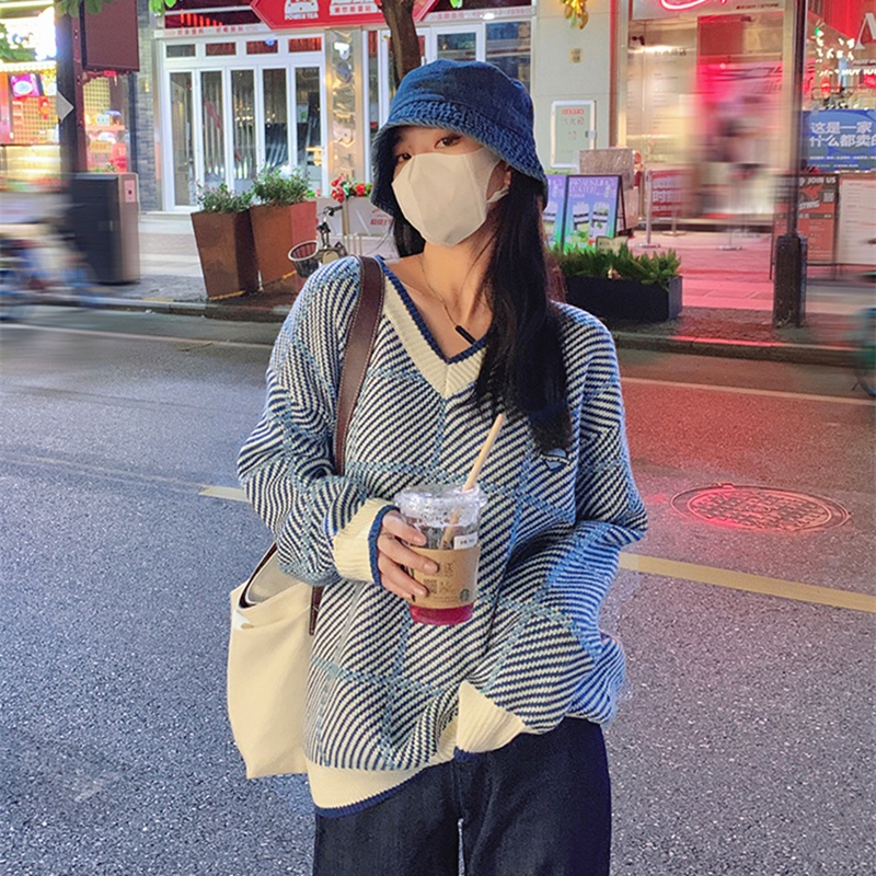Áo sweater SUXI dệt kim cổ v dáng rộng kẻ sọc kiểu vintage thời trang mùa thu cho nữ