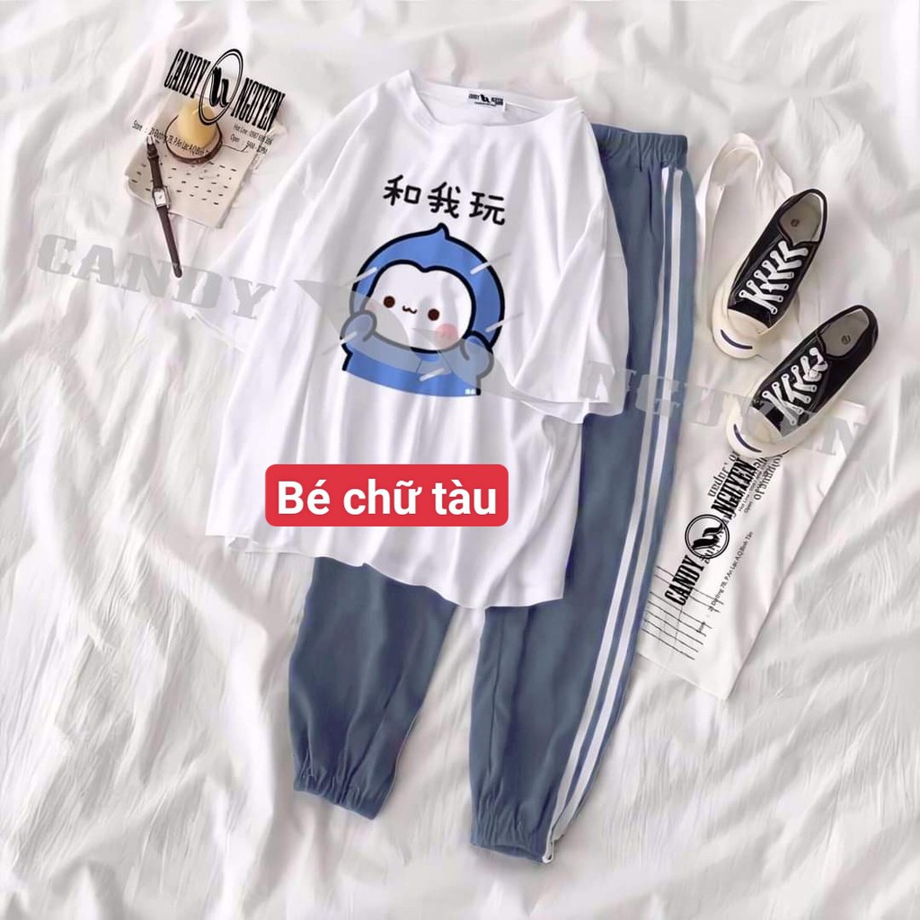 Sét 2 món áo thun các mẫu cute form đẹp kèm quần bo sọc xám