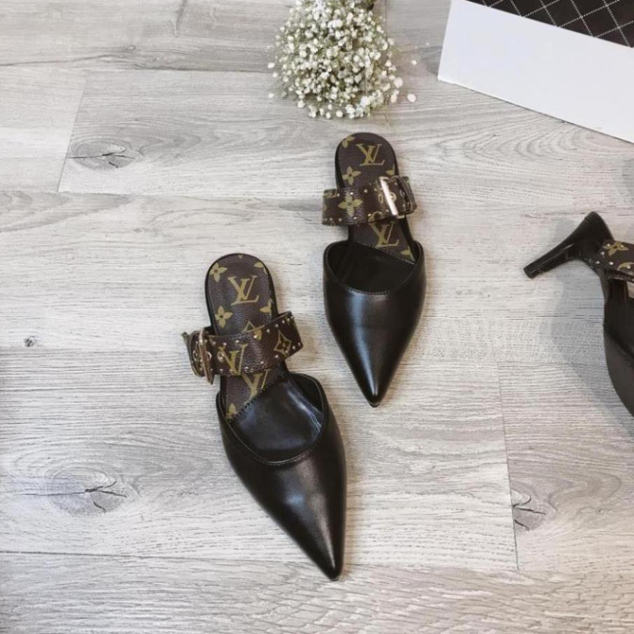NEW Giày Cao Gót / Dép Đê Nhọn LV 7 Cm Chất Da Lộn Chất Lượng Màu Đen Sang Trọng