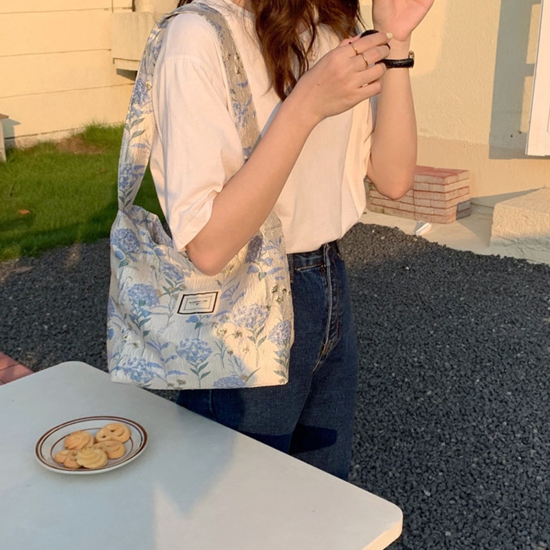 Yoioi Túi Xách Đeo Dưới Cánh Tay Họa Tiết Hoa Màu Xanh Dương Vintage Cho Nữ