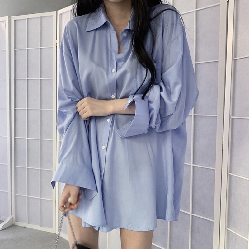 Áo sơ mi tay dài dáng rộng màu sắc vintage dành cho nữ