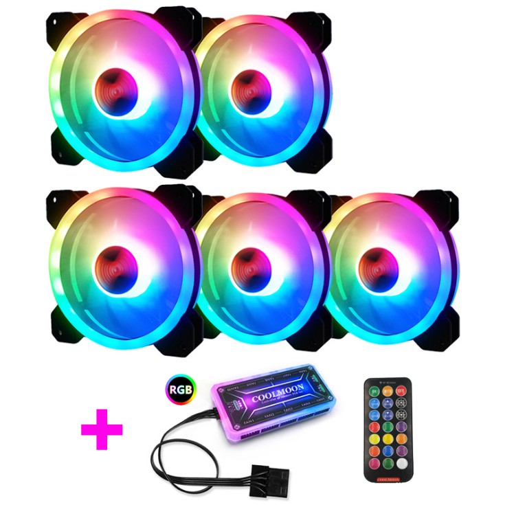 Bộ 5 Quạt Tản Nhiệt, Fan Case Coolmoon V4 Led RGB Dual Ring + Led Rainbow - Kèm Bộ Hub Và Remote
