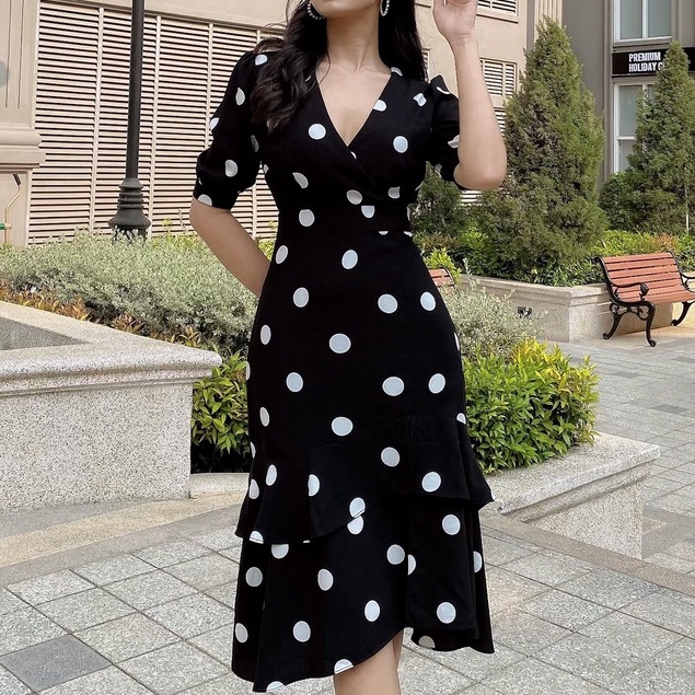 Đầm Công Sở Midi Tay Ngắn Họa Tiết Chấm Bi Cao Cấp Thương Hiệu CQA Boutique CQA0039