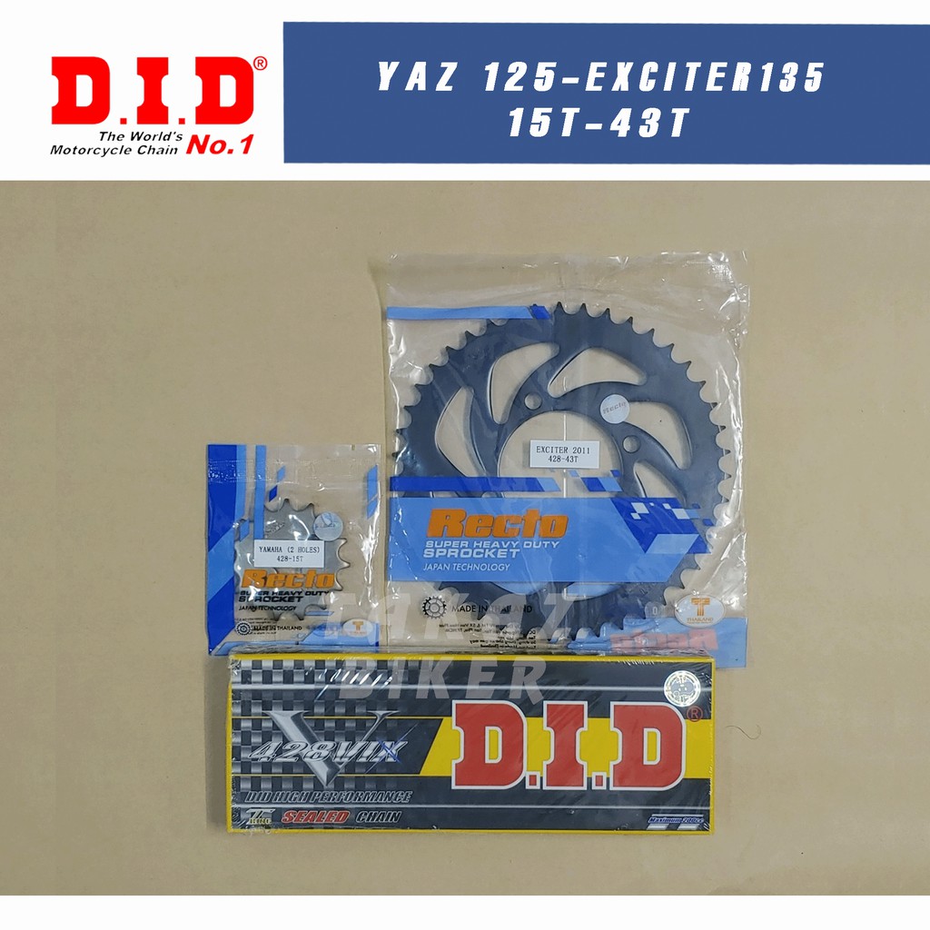 Nhông Sên Dĩa 15T x 43T Recto xe Yamaha YaZ / Exciter135cc - Sên VIX / TFX Phốt Cao Su