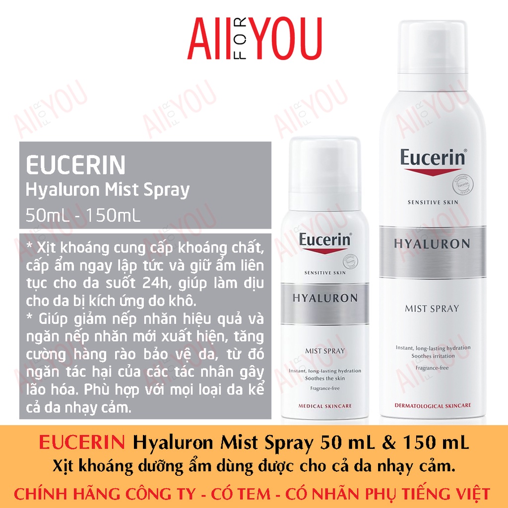 [CHÍNH HÃNG CÓ TEM] Eucerin Hyaluron Mist Spray 50mL&amp; 150mL - Xịt Dưỡng Ẩm Cho Da Nhạy Cảm.