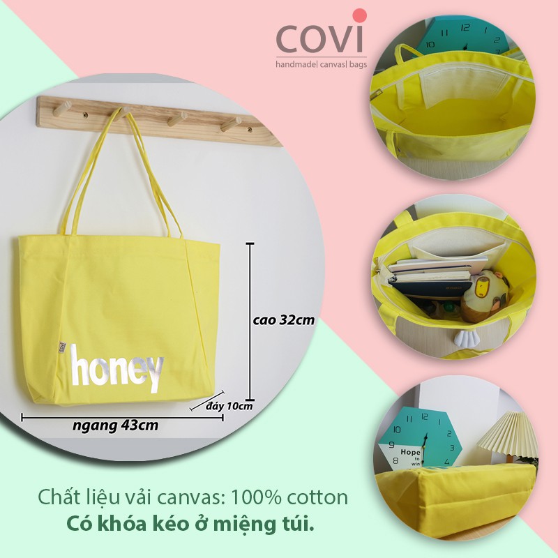 Túi Vải Tote, Vải Canvas, Đeo Vai Hàn Quốc, đựng giấy A4  in chữ HONEY thời trang COVI màu sắc T19