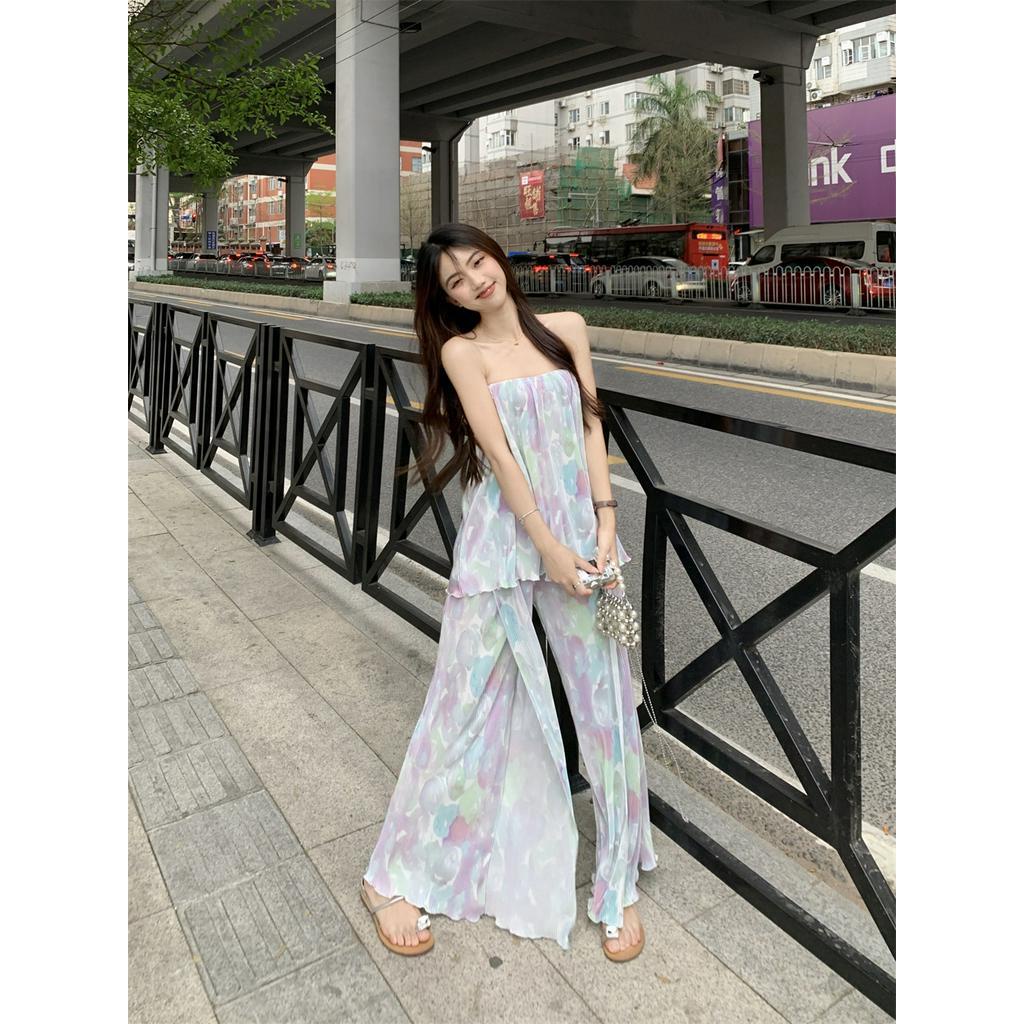 Set Áo chiffon In Họa Tiết Nhiều Màu Sắc + Quần Dài Lưng Cao Xếp Ly Ôm Dáng Thời Trang Cho Nữ