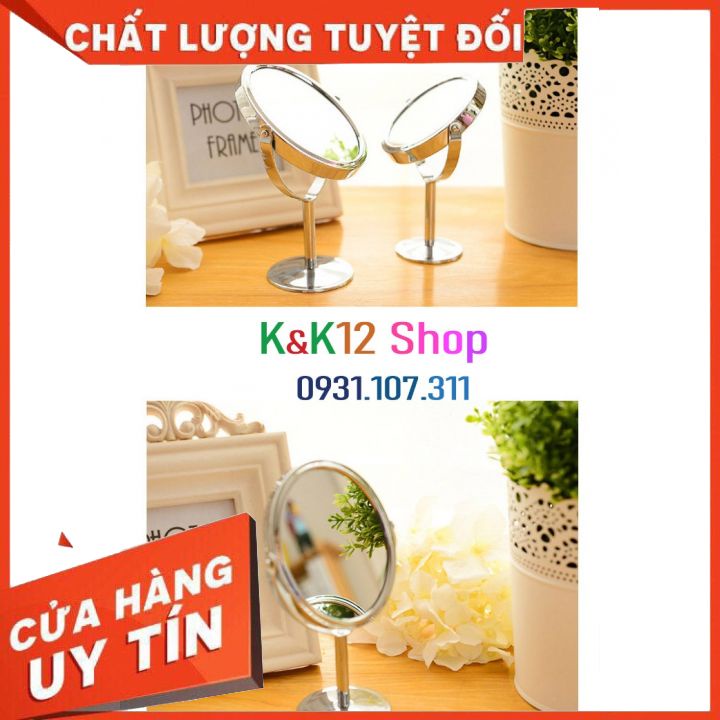 Gương trang điểm. Gương mini 2 mặt phẳng để bàn, một mặt có thể phóng to gấp 3 lần ảnh rõ nét.