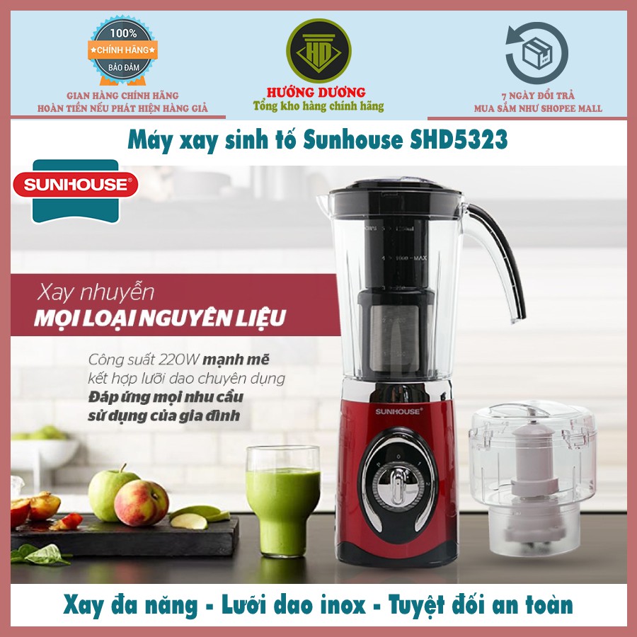 [Mã ELHA22 giảm 6% đơn 300K] Máy xay sinh tố đa năng, Máy say sinh tố sunhouse SHD5323 3 cối xay hoa quả, thịt, đá