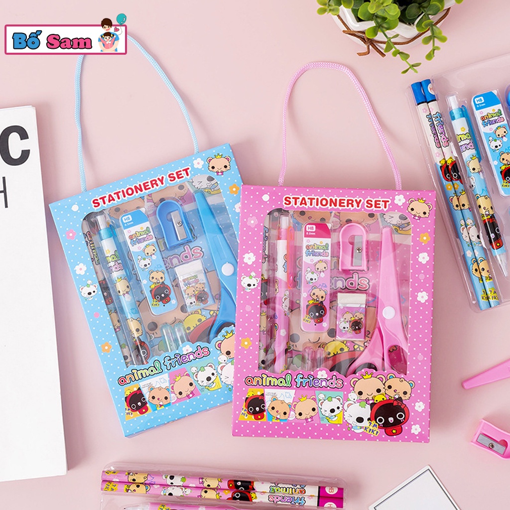 Bộ 6 chi tiết dụng cụ học tập kéo tẩy gọt bút, bút chì xinh xắn cho bé Shop Bố Sam