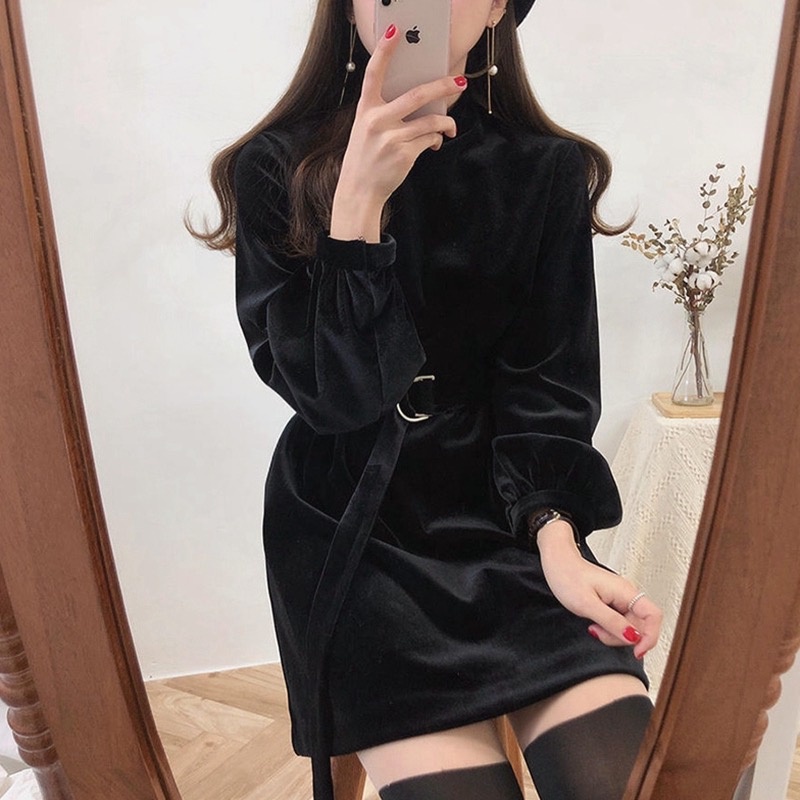 MS241 Váy đầm xòe chất nhung vai bồng kèm belt