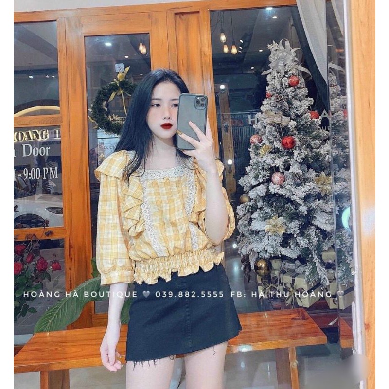 Áo Kiểu Caro Tay Lỡ Phối Bèo Viền Ren